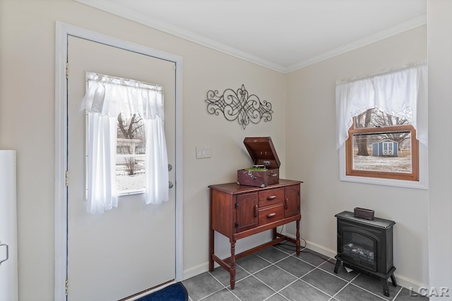 doorway with crown molding, dark tile patterned floors, and a wood stove