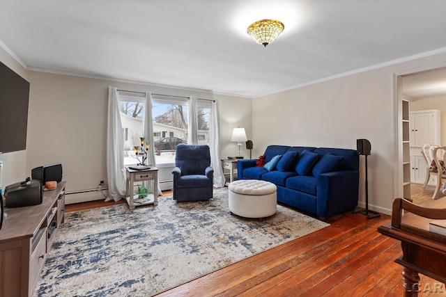 living room featuring crown molding, dark hardwood / wood-style floors, and baseboard heating