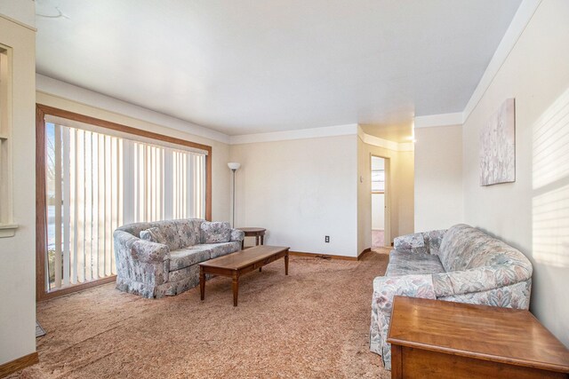 carpeted living room with crown molding