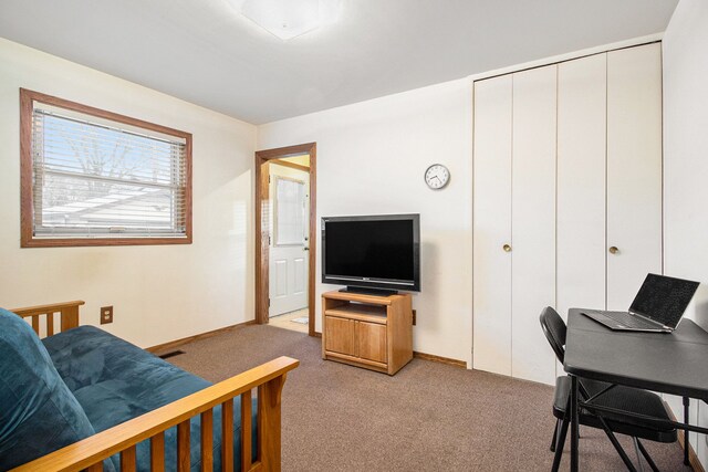 bedroom featuring light colored carpet and a closet