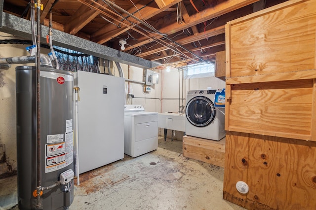 laundry area with washer and dryer, sink, and water heater