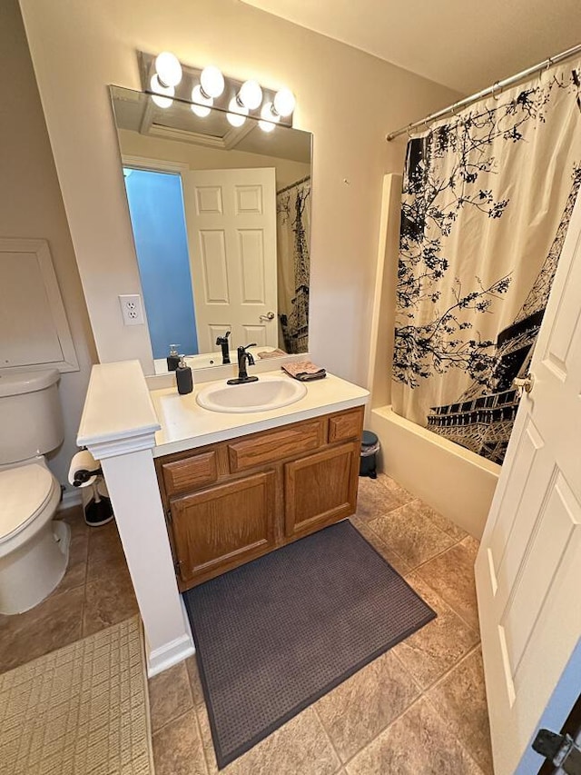 full bathroom featuring tile patterned flooring, shower / bath combination with curtain, toilet, and vanity