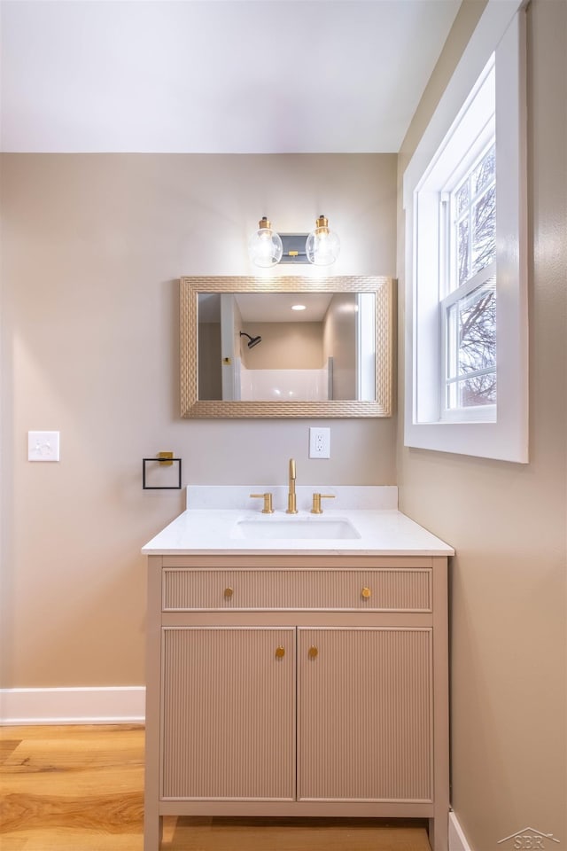 bathroom with vanity and wood-type flooring