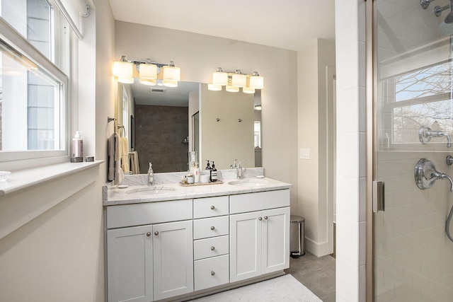 bathroom with a shower with door and vanity