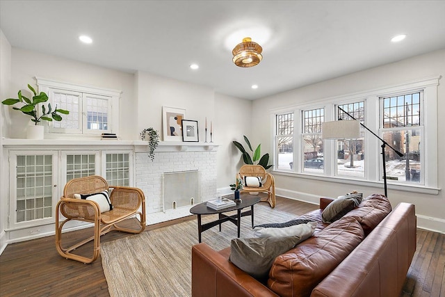 living room featuring dark wood-type flooring and a fireplace