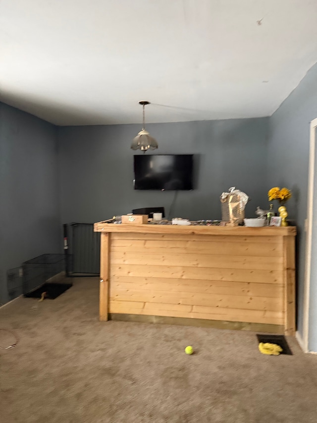 interior space featuring decorative light fixtures, radiator heating unit, and carpet flooring