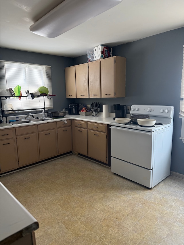 kitchen featuring sink and white range with electric cooktop