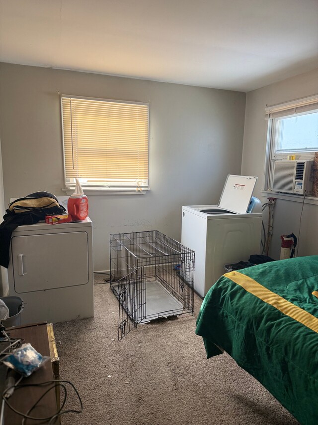 bedroom featuring carpet flooring and cooling unit