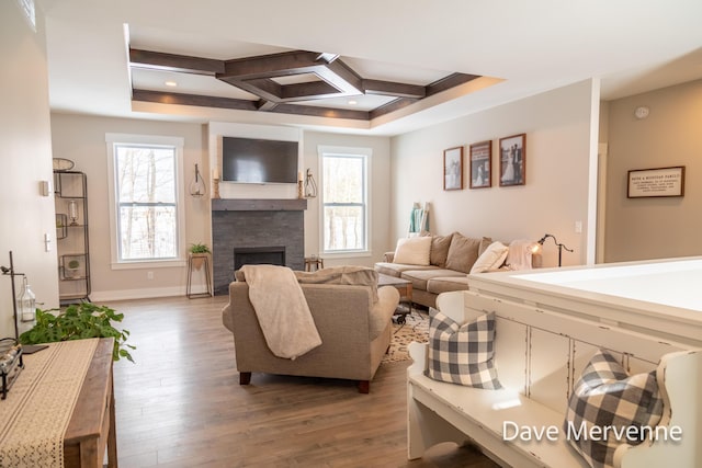 living room featuring coffered ceiling, wood-type flooring, and a stone fireplace