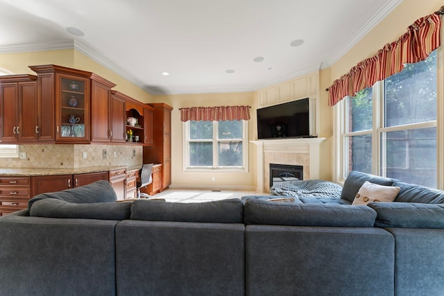 8557 Forestview Dr, Canton, MI 48187 - living room with ornamental molding and a glass covered fireplace