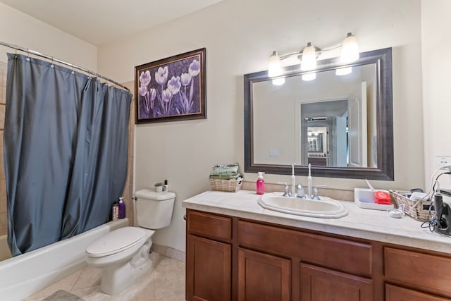 full bathroom with tile patterned flooring, vanity, toilet, and shower / bath combo with shower curtain