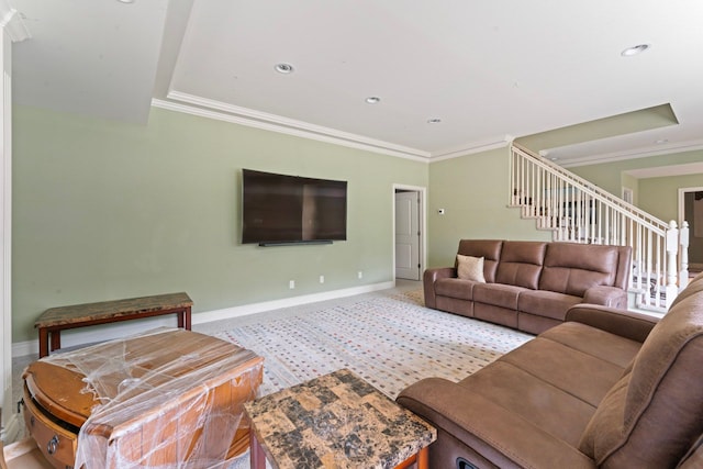 carpeted living room featuring crown molding