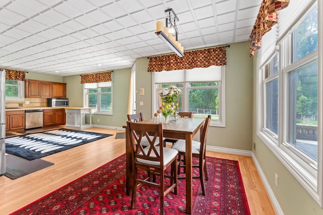 dining space with plenty of natural light and light hardwood / wood-style floors