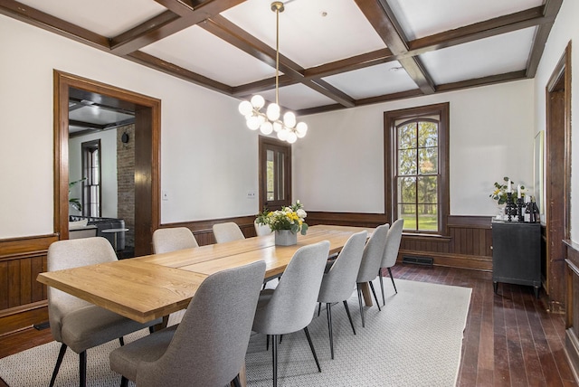 dining area featuring dark hardwood / wood-style flooring, coffered ceiling, an inviting chandelier, and beam ceiling