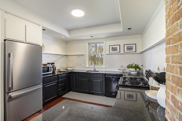 kitchen with stainless steel appliances, sink, dark hardwood / wood-style flooring, and a tray ceiling