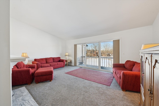 living room with light carpet and lofted ceiling