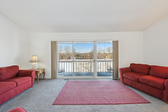 carpeted living room with a water view