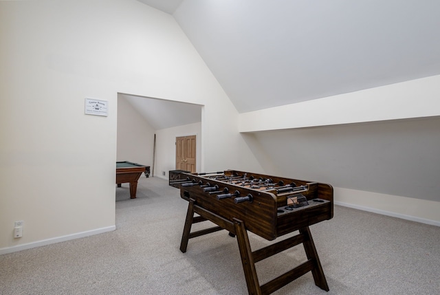 playroom with billiards, high vaulted ceiling, and light colored carpet