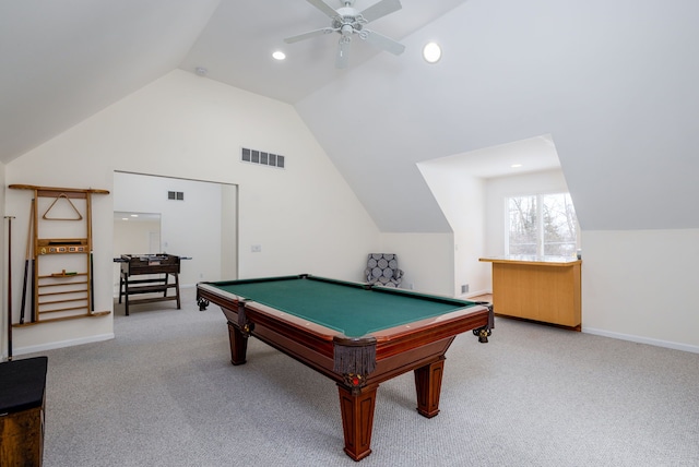 game room featuring high vaulted ceiling, carpet floors, ceiling fan, and billiards