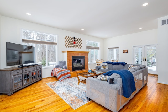 living room with plenty of natural light, a fireplace, and light hardwood / wood-style flooring