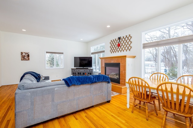 living room featuring plenty of natural light, a fireplace, and light hardwood / wood-style flooring