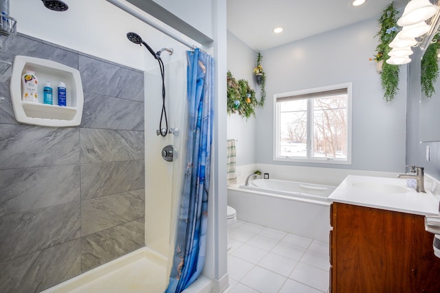 full bathroom with toilet, vanity, plus walk in shower, and tile patterned flooring