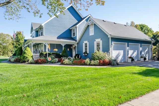 view of front facade with a garage, covered porch, and a front yard