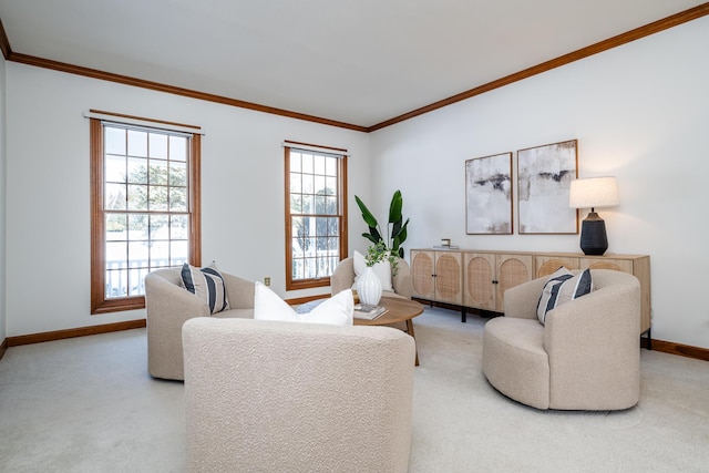 carpeted living room featuring ornamental molding and a healthy amount of sunlight