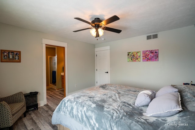 bedroom featuring hardwood / wood-style flooring and ceiling fan