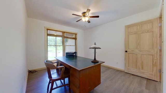 home office featuring light hardwood / wood-style floors and ceiling fan