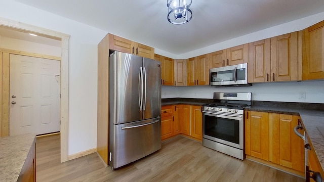 kitchen with appliances with stainless steel finishes and light hardwood / wood-style flooring