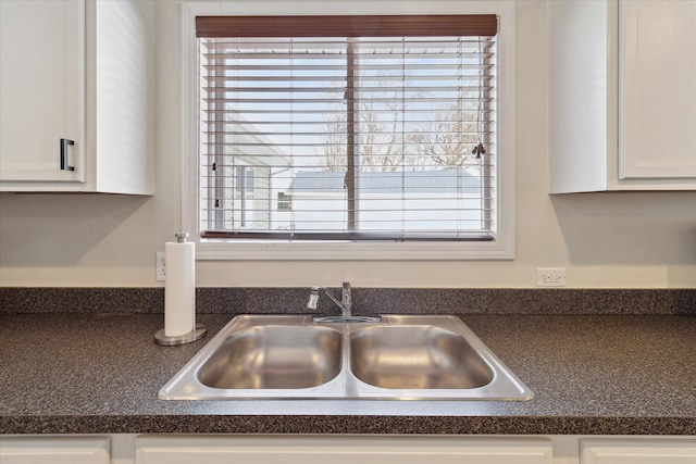 interior details featuring sink and white cabinets