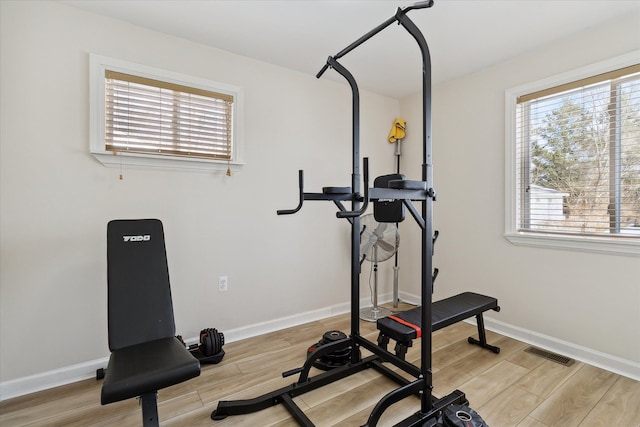 workout room featuring a wealth of natural light and light hardwood / wood-style flooring