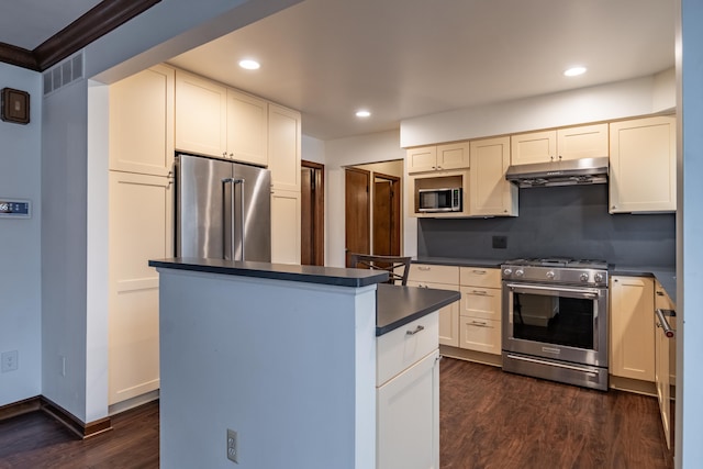 kitchen with dark wood-style floors, dark countertops, visible vents, high quality appliances, and under cabinet range hood