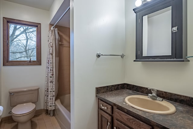 full bathroom with toilet, tile patterned floors, shower / tub combo with curtain, and vanity