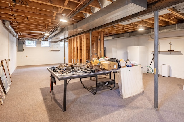 basement with carpet floors, freestanding refrigerator, and electric panel