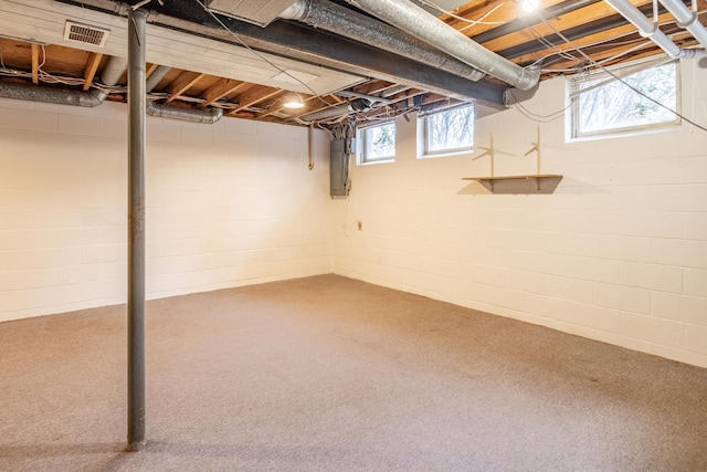 basement with carpet, electric panel, and visible vents