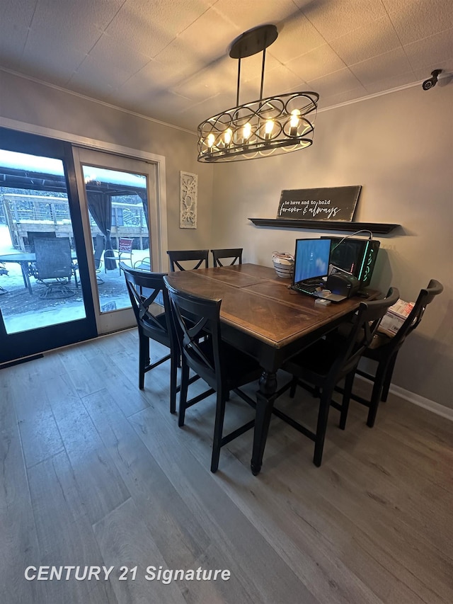 dining room featuring wood-type flooring and ornamental molding