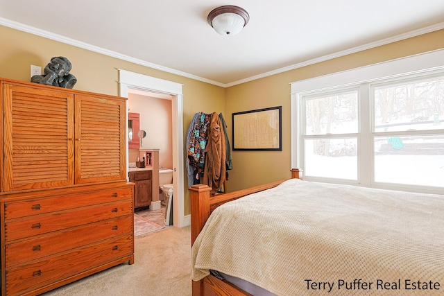 bedroom featuring ornamental molding, ensuite bathroom, and light carpet