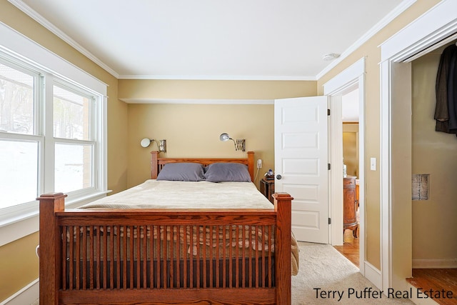 bedroom with crown molding