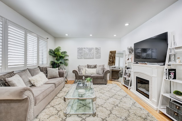 living room with plenty of natural light, a fireplace, and light hardwood / wood-style flooring