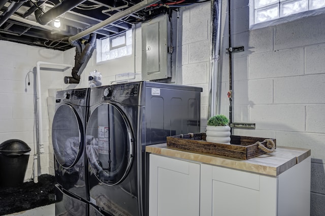 clothes washing area featuring washing machine and clothes dryer and electric panel