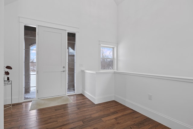 entryway with dark hardwood / wood-style flooring and a high ceiling