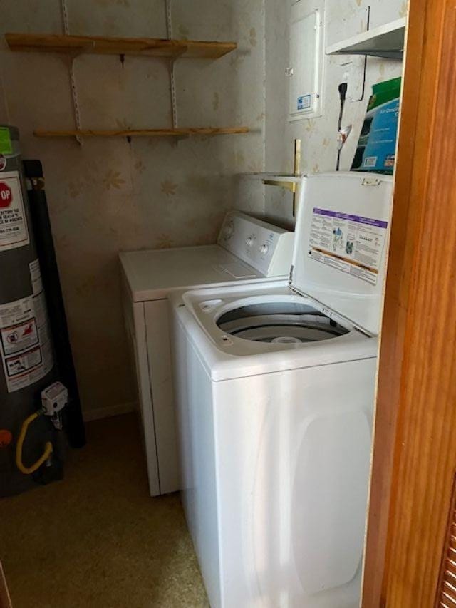 laundry room featuring water heater and washer and clothes dryer