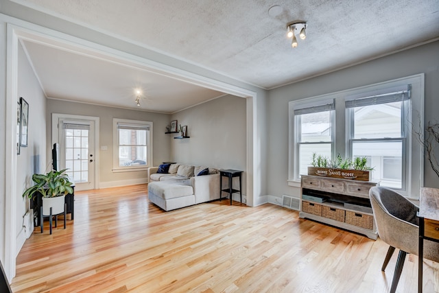 interior space with baseboards, ornamental molding, visible vents, and light wood-style floors