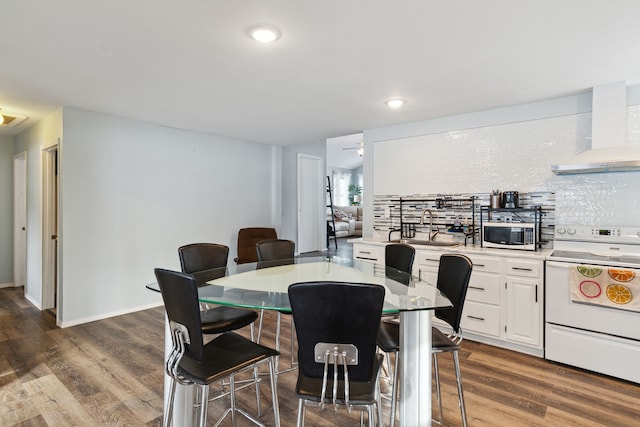 dining space featuring dark wood-type flooring and sink