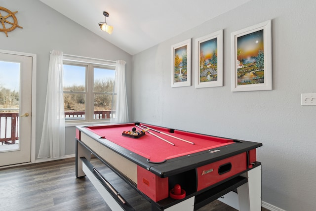 playroom with pool table, lofted ceiling, and dark hardwood / wood-style floors