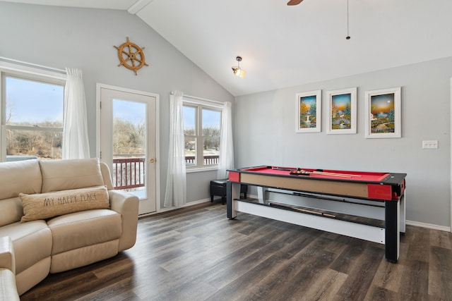 recreation room with dark wood-type flooring, billiards, lofted ceiling, and ceiling fan