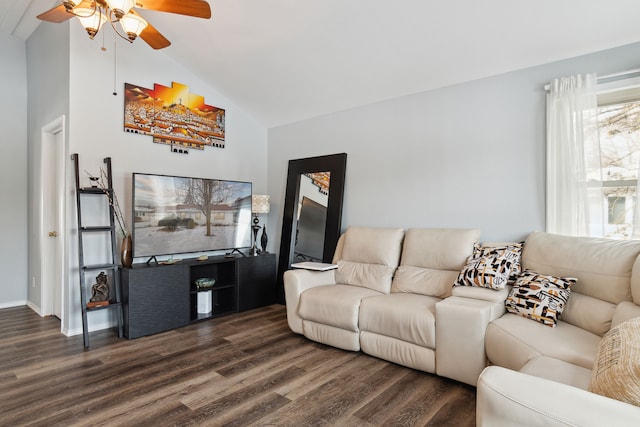 living room featuring ceiling fan, lofted ceiling, and dark hardwood / wood-style floors