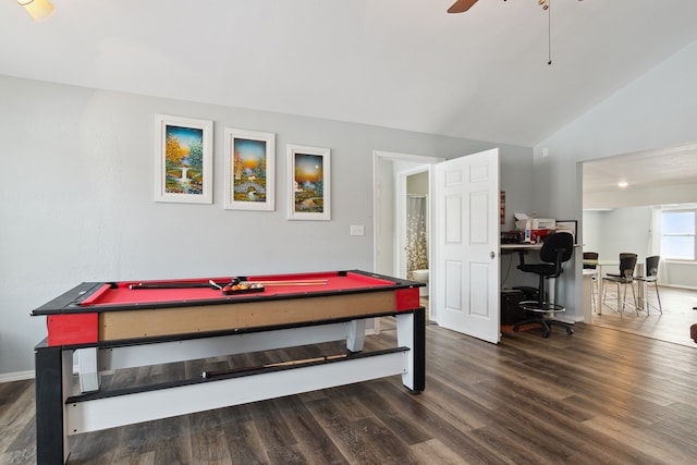 recreation room with dark wood-type flooring, billiards, ceiling fan, and vaulted ceiling